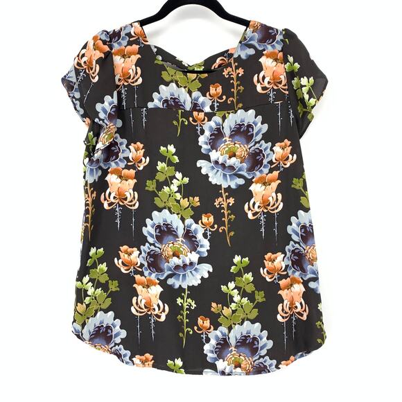 LOFT Cap Sleeve Blouse Womens Size Small Black Multicolor Floral Print - Picture 1 of 8